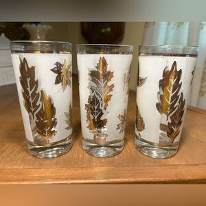 Set of 3 Vintage MCM Starlyte Gold Leaf-pattern Tumblers 12oz capacity 5.5"tall